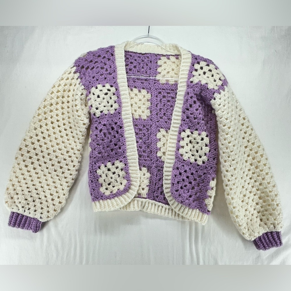 Granny Square Cardigan Sweater Purple Cream Handmade Quilted Patchwork Small
